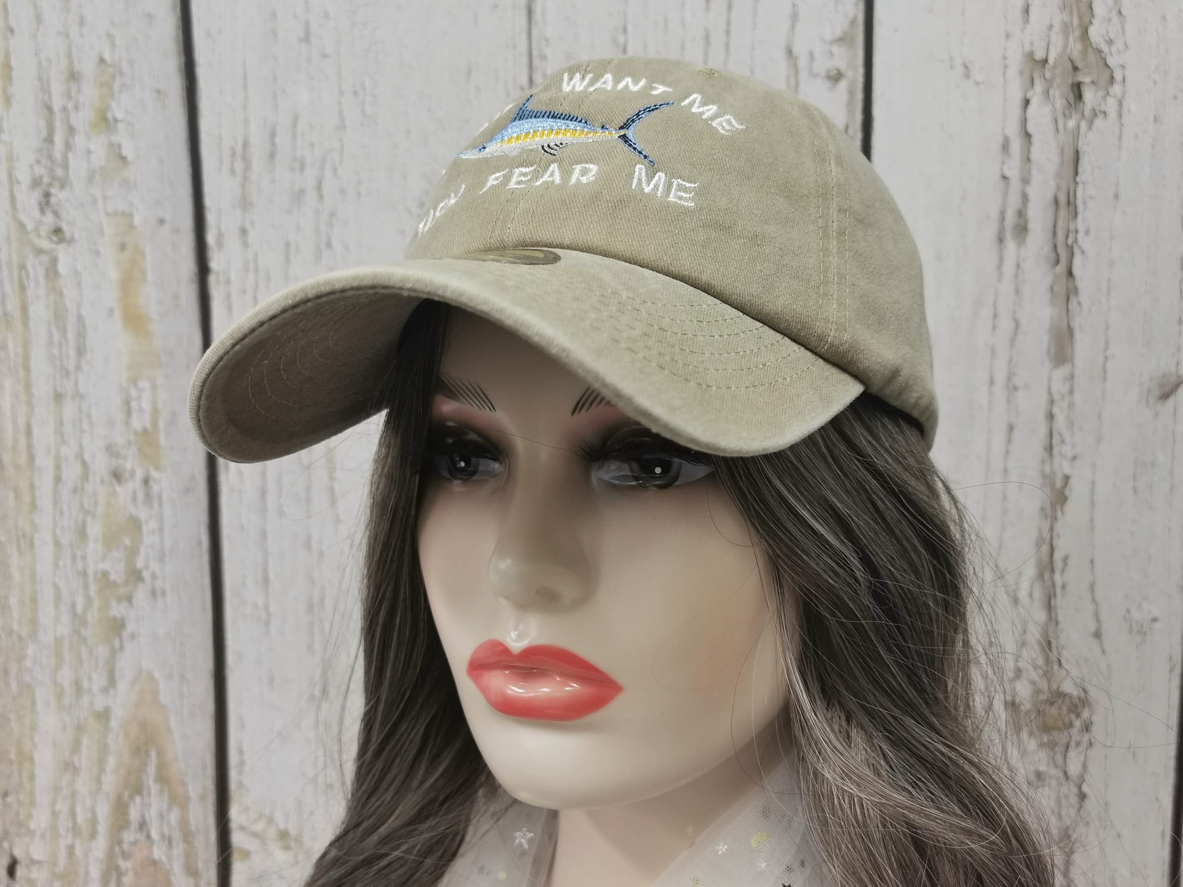 Enodtter Women Want Me Fish Fear Me Hat Embroidered, Khaki Embroidery Baseball Caps for Men, Adjustable Snapback Trucker Hat Outdoor Dad Hats