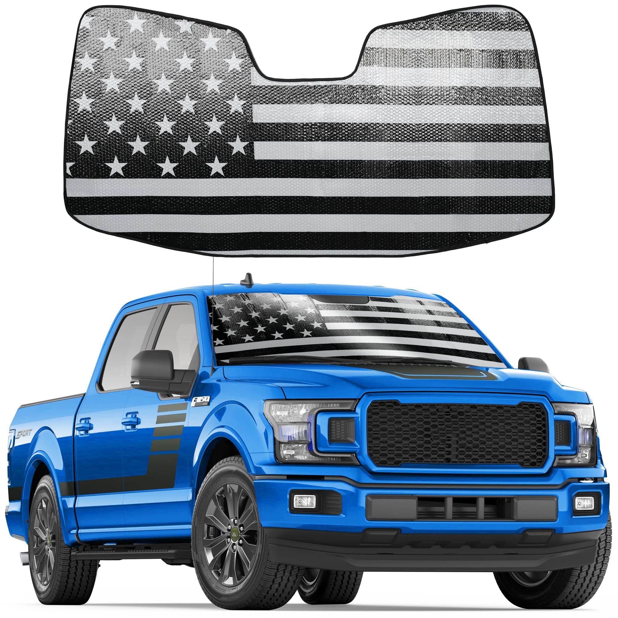 Litivy Windshield Sun Shade American Flag Compatible with 2015-2020 Ford F-150, 2017-2020 Ford F-250/F-350 27"*58" Folding Front Window Sun Shade for Car