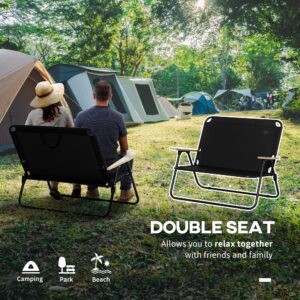 Outsunny Double Folding Camping Chair, Loveseat for 2 Adults, Portable Camping Couch with Wood Armrest & Cupholders, for Backpacking, Beach, Sports Travel, Black