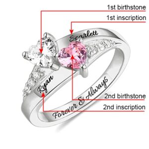 Roseinside Personalized Double Heart-Shaped Birthstone Sterling Silver Ring Couple Promise Rings for Her Engraved 2 Birthstones and Names mothers ring anniversary ring Gift for Her Wife Valentine's Day Anniversary