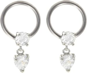 pair 16g 3/8inch heart prong set cz dangles captive ring earring nipple rings, clear