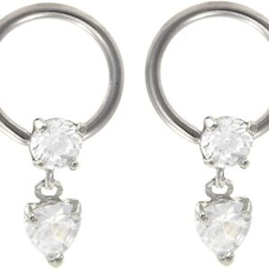 Pair 16g 3/8inch Heart Prong Set CZ Dangles Captive Ring Earring Nipple Rings, Clear