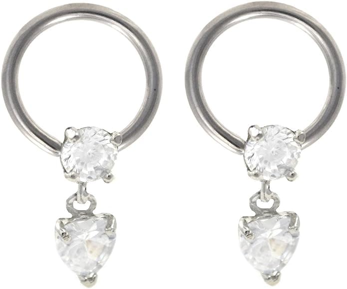 Pair 16g 3/8inch Heart Prong Set CZ Dangles Captive Ring Earring Nipple Rings, Clear