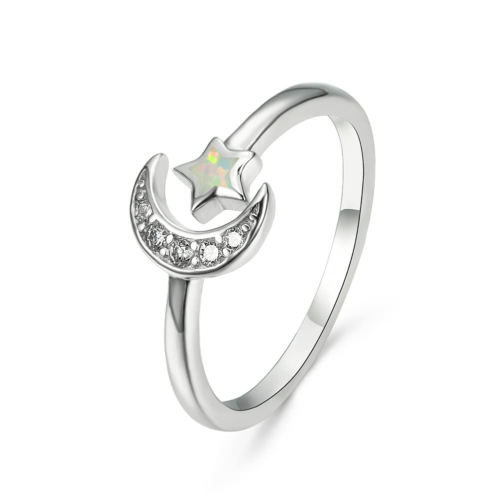 Opal Star Moon Open Adjustable Ring for Women Girls 925 Sterling Silver Crystal Cubic Zirconia Crescent Moon Lucky Stars Stacking Statement Thin Tail Finger Band Eternity Love Promise Expandable