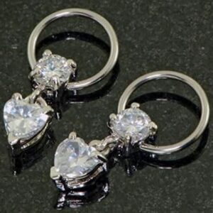 Pair 16g 3/8inch Heart Prong Set CZ Dangles Captive Ring Earring Nipple Rings, Clear