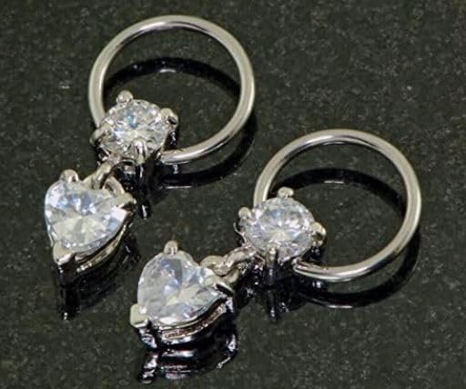 Pair 16g 3/8inch Heart Prong Set CZ Dangles Captive Ring Earring Nipple Rings, Clear