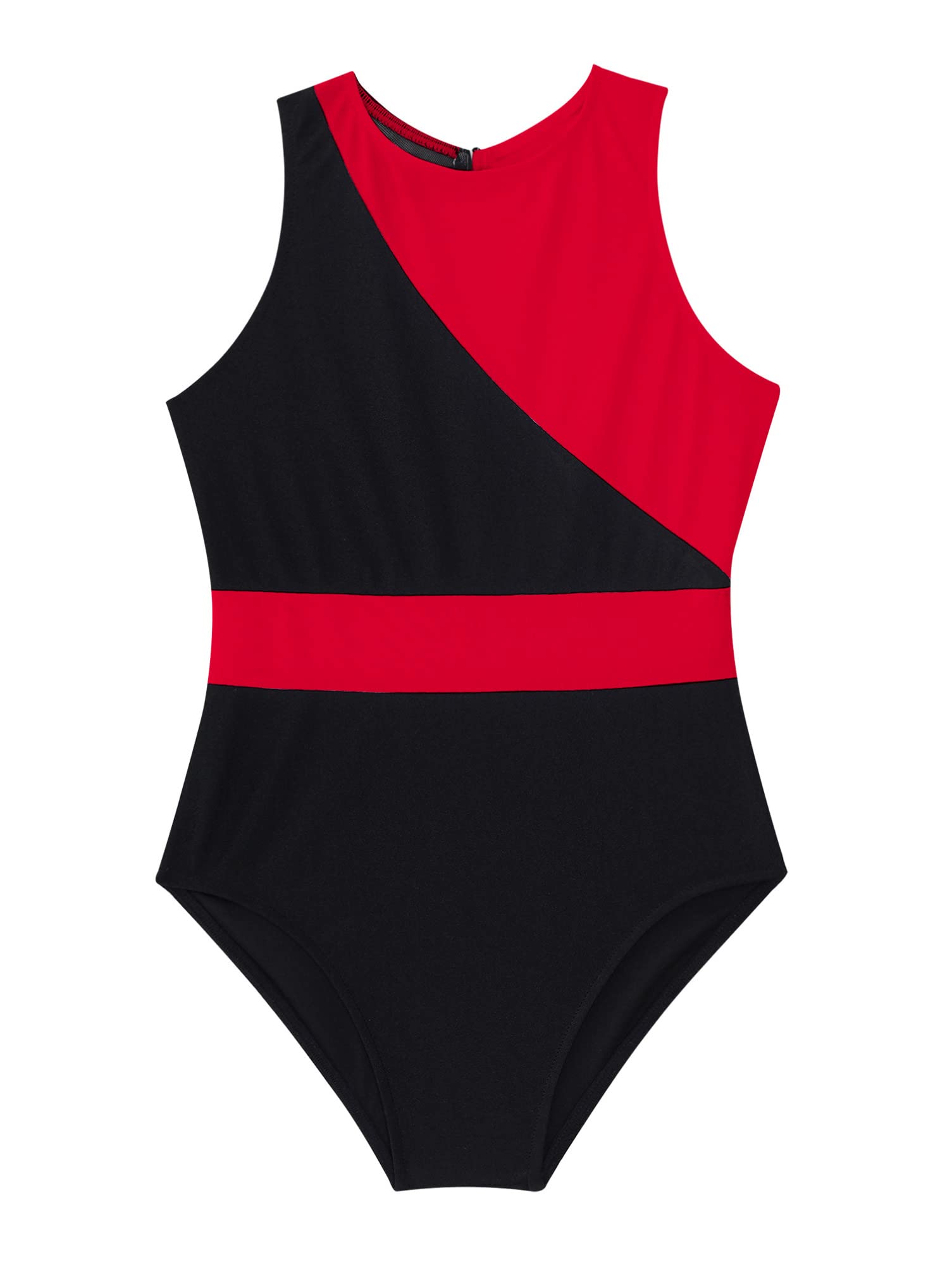 Aislor Girls' Ballet Dance Leotard Sleeveless Mesh Patchwork Criss Cross Back Unitards Gymnastic Jumpsuit Activewear Red&Black 14 Years