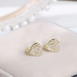 CZ Heart Shaped Small Hoop Cartilage Earrings for Women Girls 925 Sterling Silver Pink Cubic Zirconia Hypoallergenic Tiny Hollow Love Huggie Hoops Dainty Birthday Wedding Christmas Holiday Jewelry Gifts (Gold Plated Clear CZ)