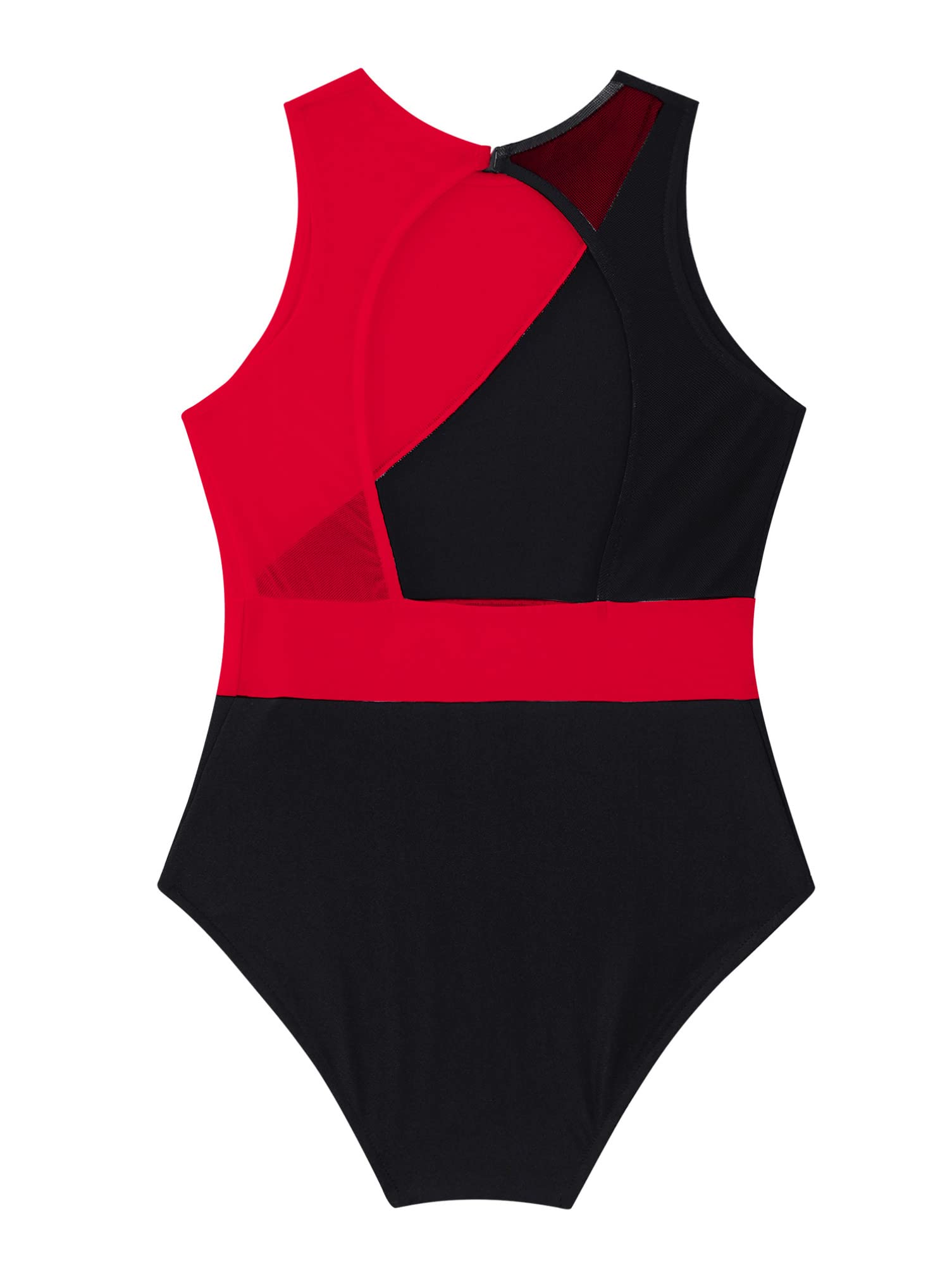 Aislor Girls' Ballet Dance Leotard Sleeveless Mesh Patchwork Criss Cross Back Unitards Gymnastic Jumpsuit Activewear Red&Black 14 Years