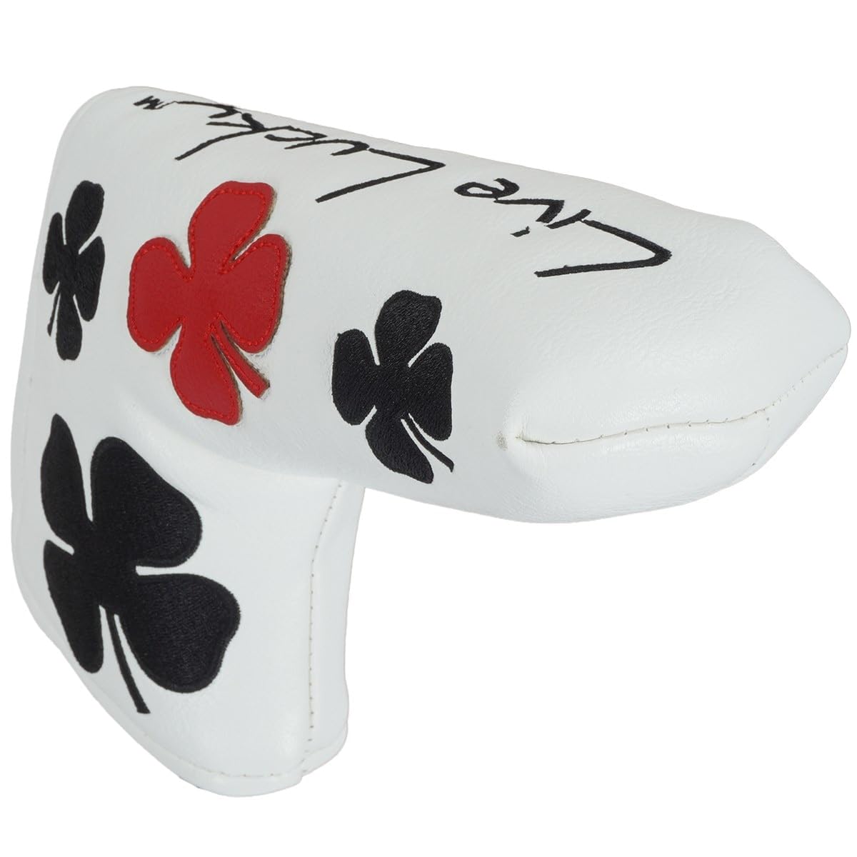 CMC Design Custom White and Red Live Lucky Embroidered Golf Blade Head Cover - Glove Soft Lining - Design Includes Applique and Embossing - Great Fit for Any Club as Golf Head Covers, Putter Cover