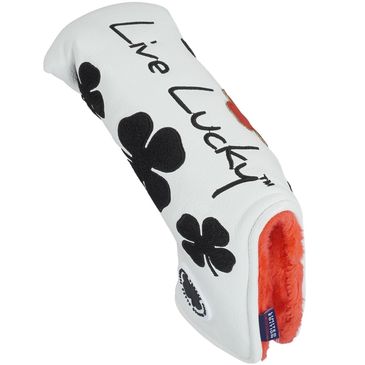 CMC Design Custom White and Red Live Lucky Embroidered Golf Blade Head Cover - Glove Soft Lining - Design Includes Applique and Embossing - Great Fit for Any Club as Golf Head Covers, Putter Cover