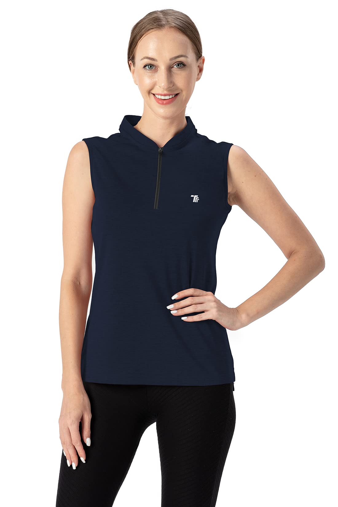 YSENTO Ladies Golf Shirts Apparel Clothes Outfits Sleeveless 1/4 Zip Dry Fit UPF 50+ Tennis Polo Tank Tops Navy Size L