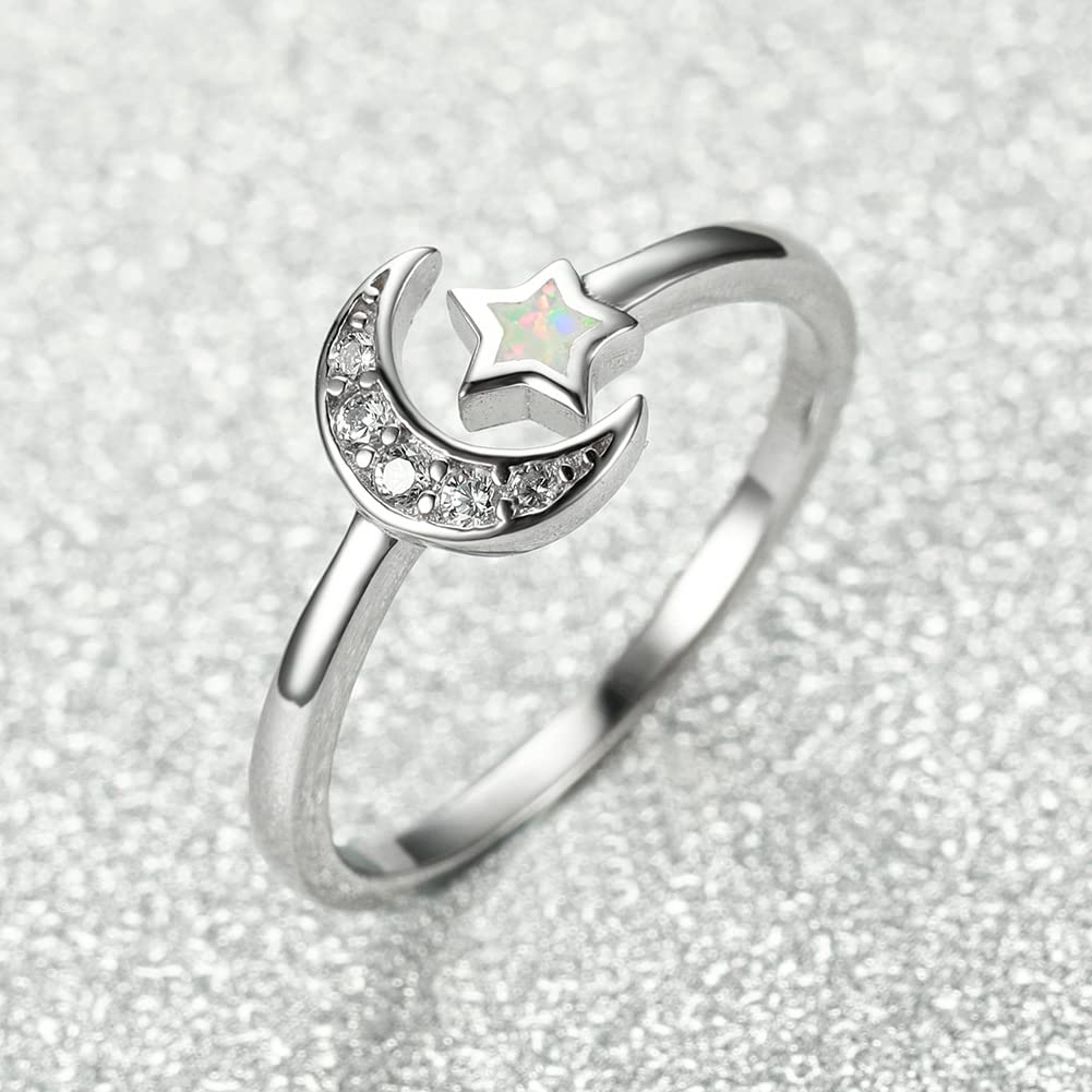 Opal Star Moon Open Adjustable Ring for Women Girls 925 Sterling Silver Crystal Cubic Zirconia Crescent Moon Lucky Stars Stacking Statement Thin Tail Finger Band Eternity Love Promise Expandable