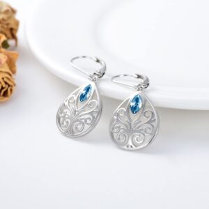 Filigree Teardrop Leverback Earrings Sterling Silver Simulated Aquamarine Dangle Drop Earrings March Birthstone Birthday Jewelry Gifts for Women