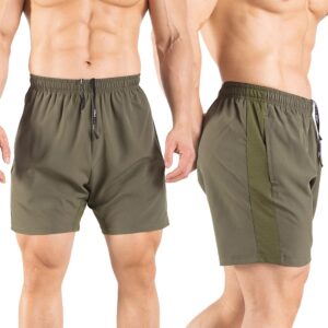 Gaglg Men's 5" Running Shorts 2 Pack Quick Dry Athletic Workout Gym Shorts with Zipper Pockets Black/Green,Medium