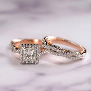 Engagement rings for couples set,3 pc His and Her Wedding Ring Set, Hypoallergenic Rose Gold Ring Set, Cubic Zirconia Bride Promise Rings Set,size 6-10 (8)