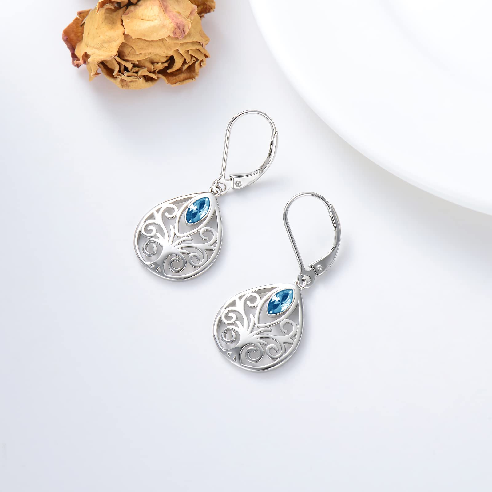 Filigree Teardrop Leverback Earrings Sterling Silver Simulated Aquamarine Dangle Drop Earrings March Birthstone Birthday Jewelry Gifts for Women