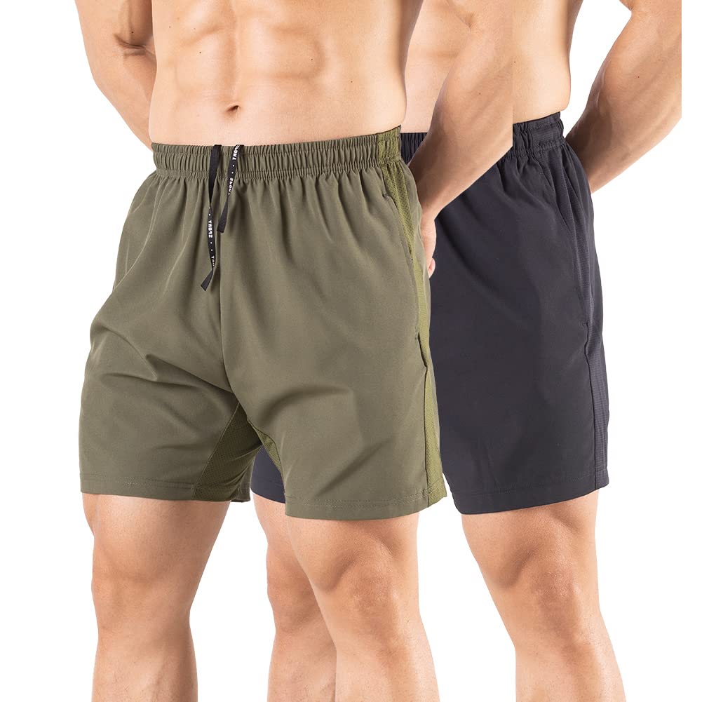 Gaglg Men's 5" Running Shorts 2 Pack Quick Dry Athletic Workout Gym Shorts with Zipper Pockets Black/Green,Medium