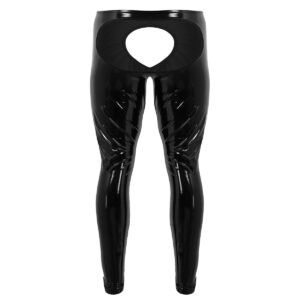 TiaoBug Men's Wet Look PVC Leather Hollow Pouch Tight Pants Leggings Trousers Black 3X-Large