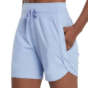 BALEAF Women's 5" Workout Shorts Athletic Running Shorts High Waisted with Zipper Pocket Gym Quick Dry Hiking Sports Light Blue L