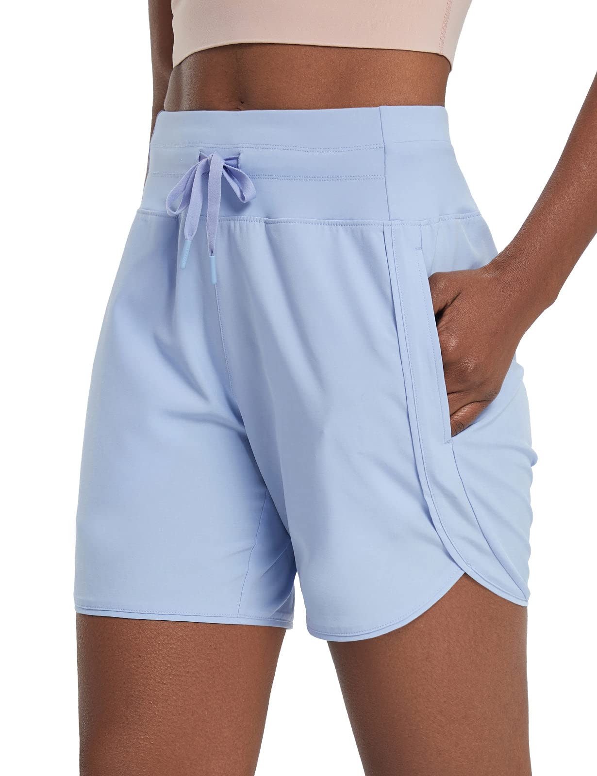 BALEAF Women's 5" Workout Shorts Athletic Running Shorts High Waisted with Zipper Pocket Gym Quick Dry Hiking Sports Light Blue L