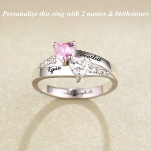 Roseinside Personalized Double Heart-Shaped Birthstone Sterling Silver Ring Couple Promise Rings for Her Engraved 2 Birthstones and Names mothers ring anniversary ring Gift for Her Wife Valentine's Day Anniversary