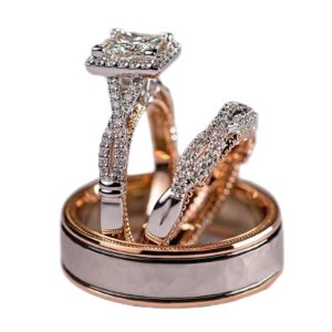 engagement rings for couples set,3 pc his and her wedding ring set, hypoallergenic rose gold ring set, cubic zirconia bride promise rings set,size 6-10 (8)