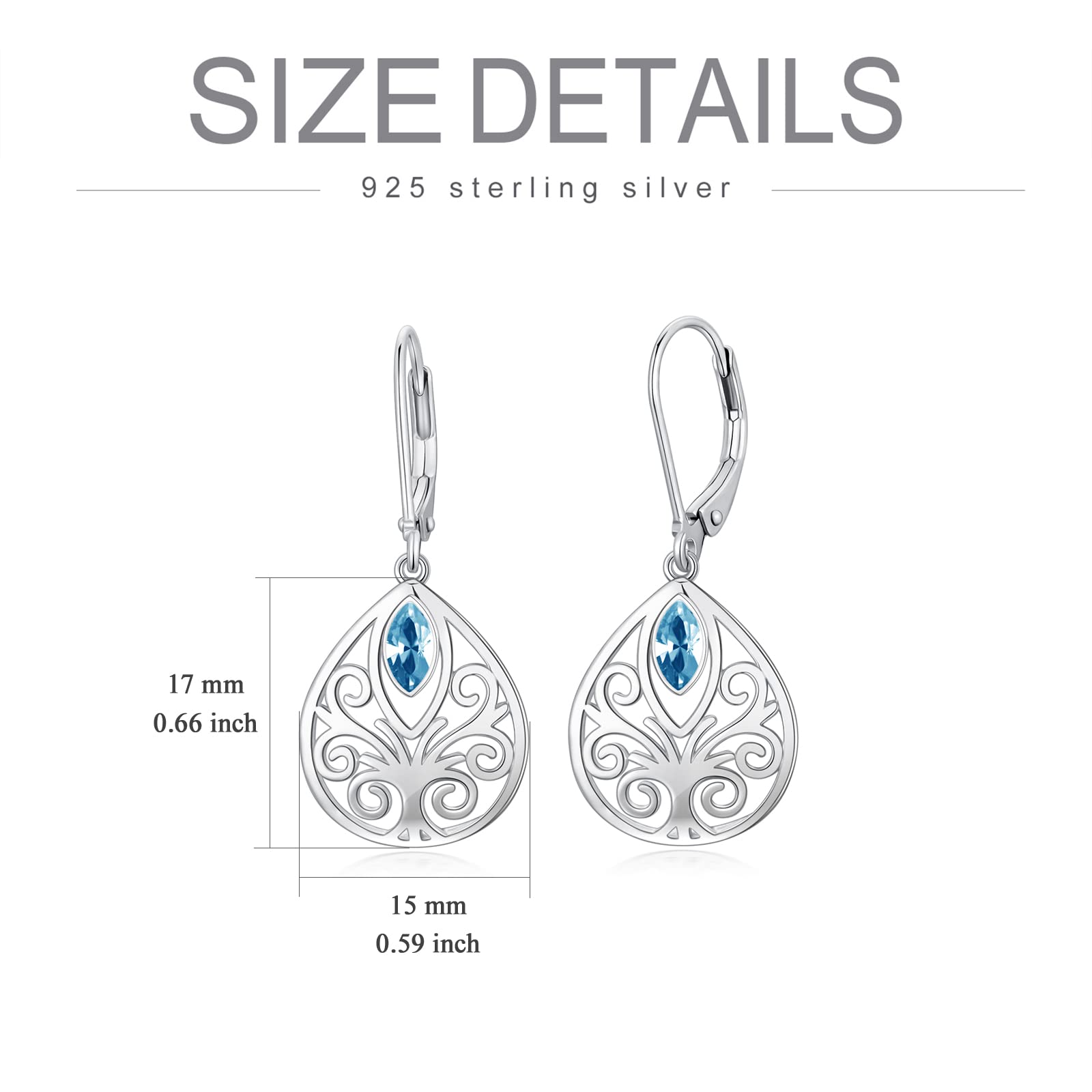 Filigree Teardrop Leverback Earrings Sterling Silver Simulated Aquamarine Dangle Drop Earrings March Birthstone Birthday Jewelry Gifts for Women