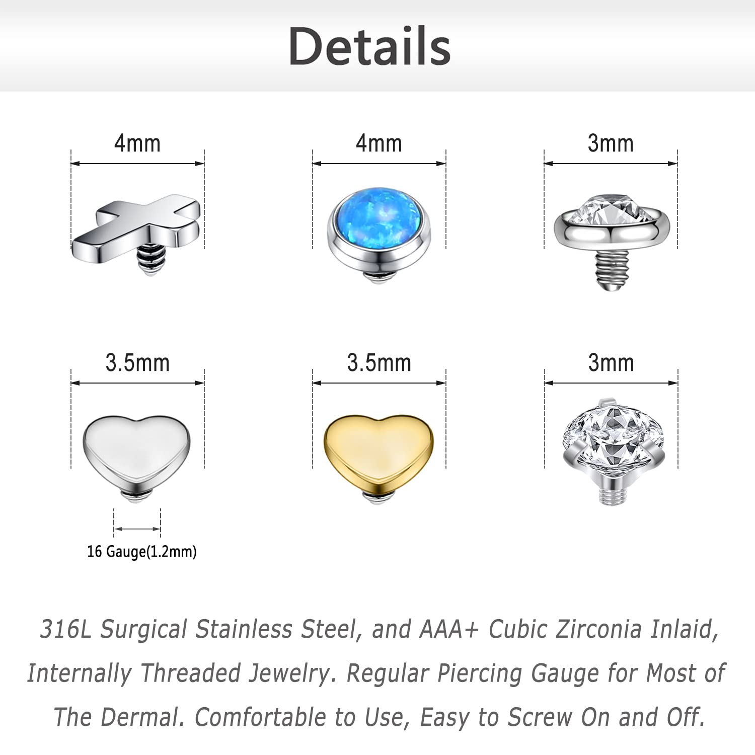 ZS 16G Stainless Steel Dermal Piercing Jewelry Diamond Dermal Anchor Tops CZ Skin Microdermal Piercing Jewelry for Men Women (E:16pcs Tops)