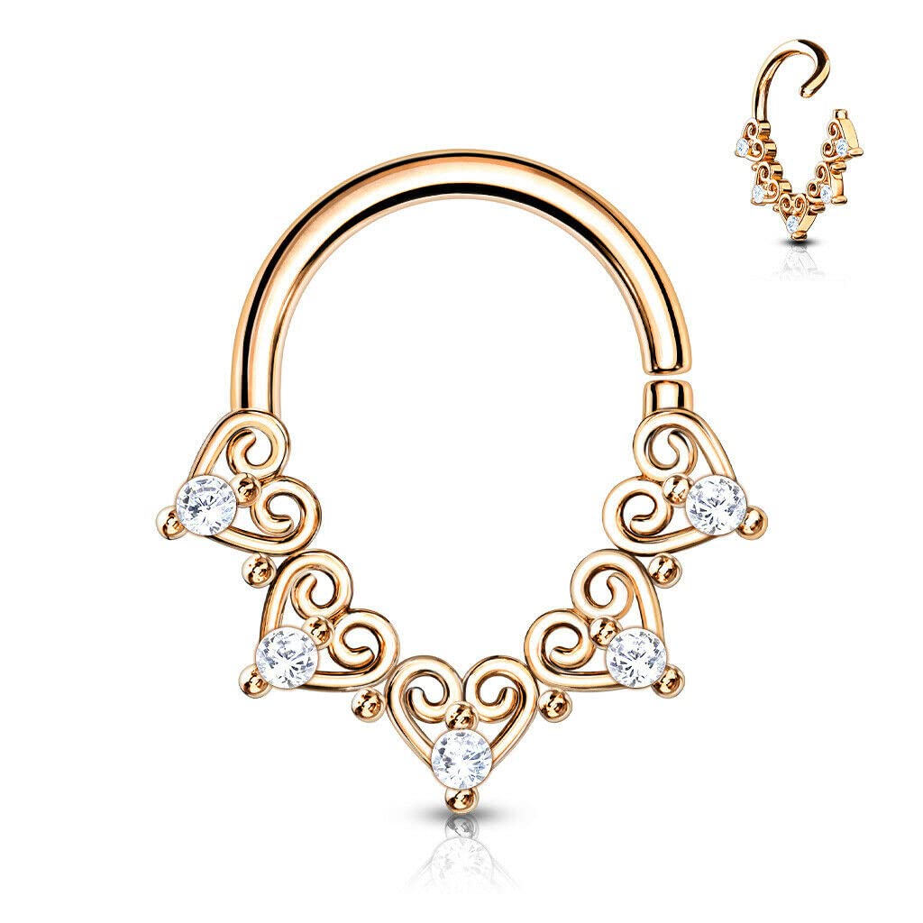 18g Heart Filigree with Mini CZ Bendable Hoop Ring Ear Cartilage Daith Septum Ring - Rose Gold