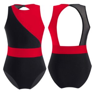 Aislor Girls' Ballet Dance Leotard Sleeveless Mesh Patchwork Criss Cross Back Unitards Gymnastic Jumpsuit Activewear Red&Black 14 Years