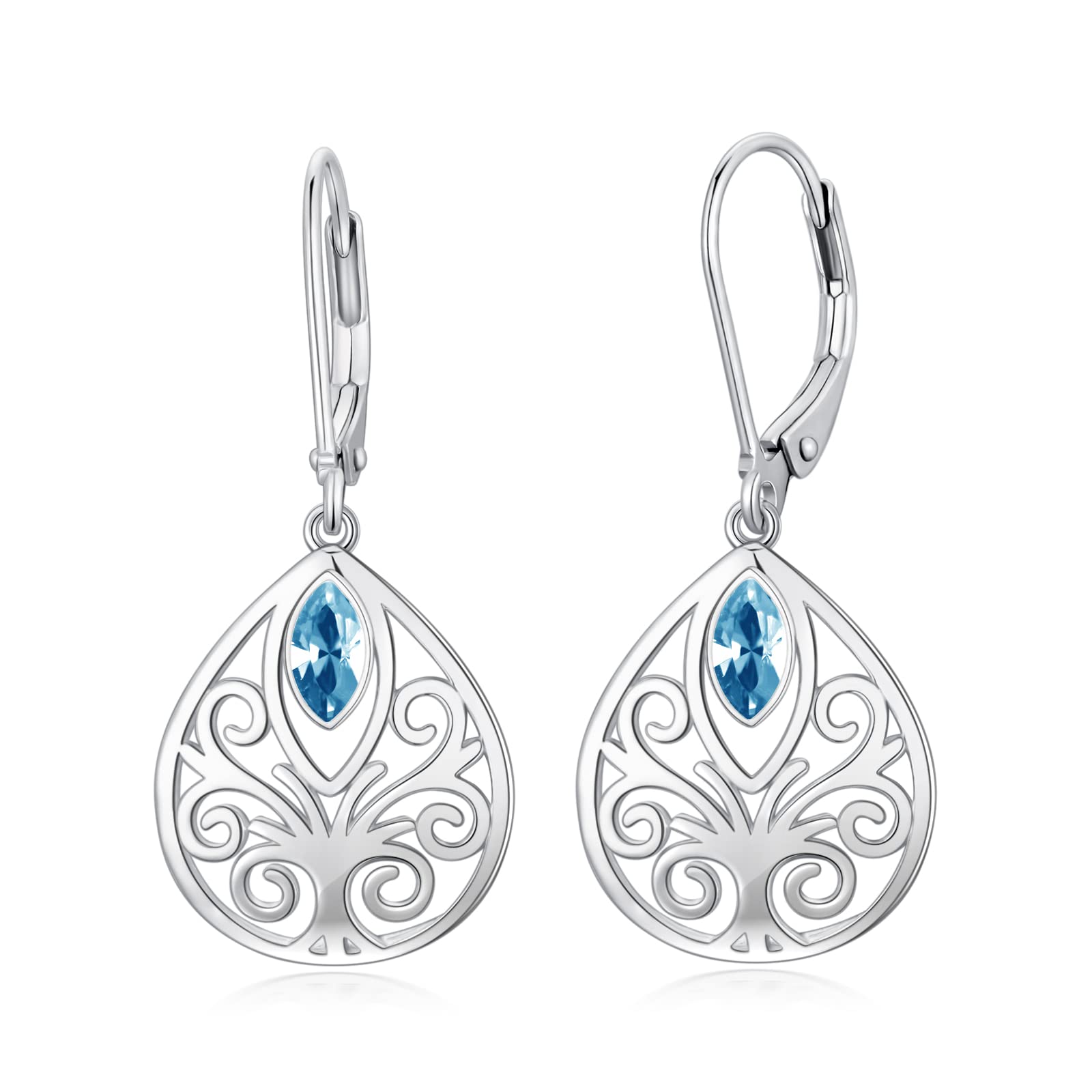 Filigree Teardrop Leverback Earrings Sterling Silver Simulated Aquamarine Dangle Drop Earrings March Birthstone Birthday Jewelry Gifts for Women