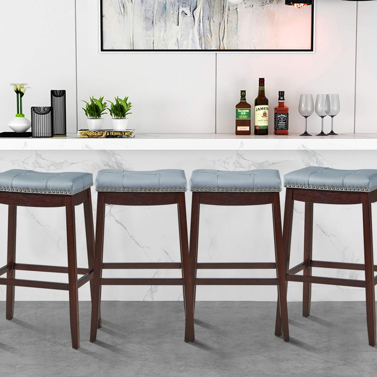 COSTWAY Bar Stools Set of 4, 29-Inch Height Backless Counter Stool with Footrest, Soft Seat Cushion, Wood Legs and Non-Slip Foot Pad, Saddle Stools for Home Kitchen Living Room, Stone Gray+Dark Brown