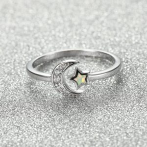 Opal Star Moon Open Adjustable Ring for Women Girls 925 Sterling Silver Crystal Cubic Zirconia Crescent Moon Lucky Stars Stacking Statement Thin Tail Finger Band Eternity Love Promise Expandable