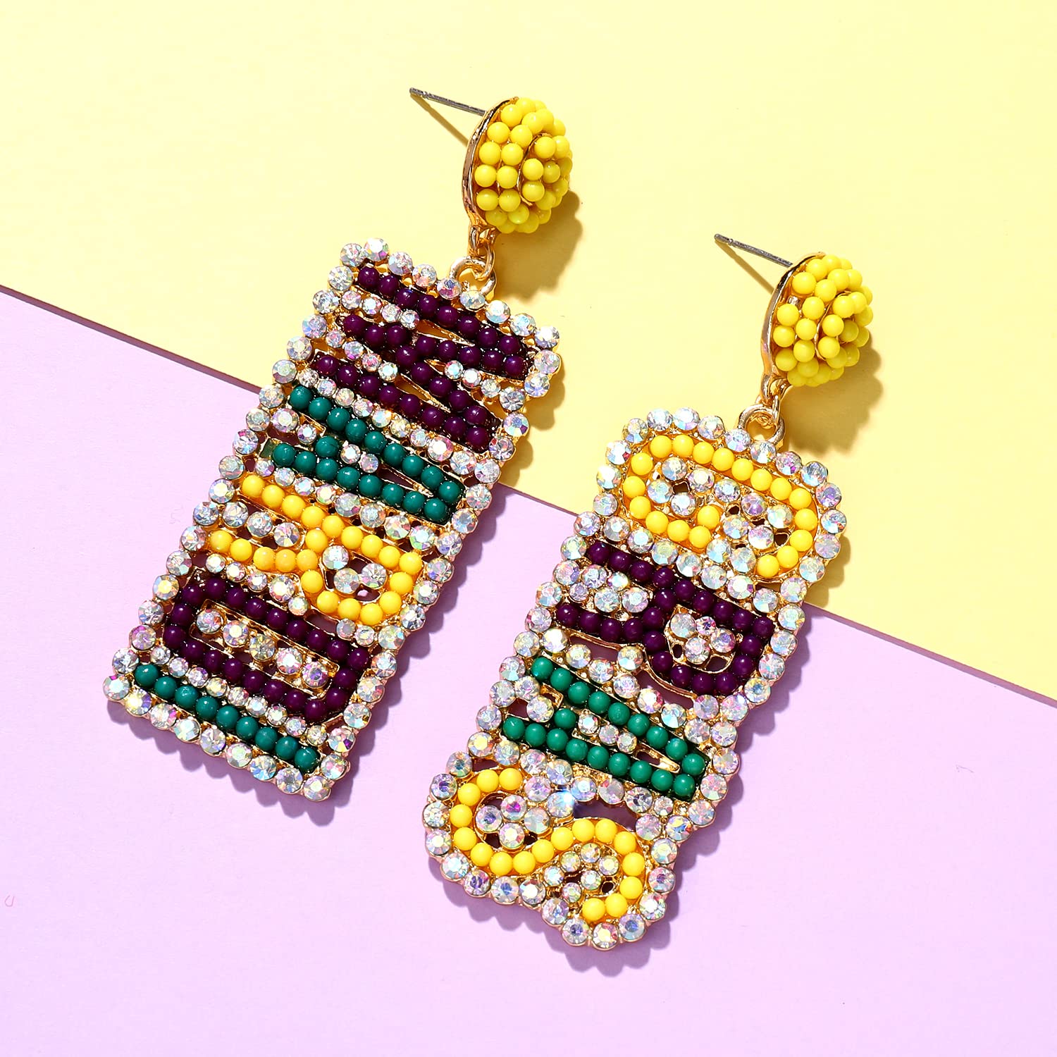 Mardi Gras Earrings Rhinestone MARDI GRAS Letter Beaded Drop Dangling Earrings Sparkly Holiday Jewelry for Women Gift