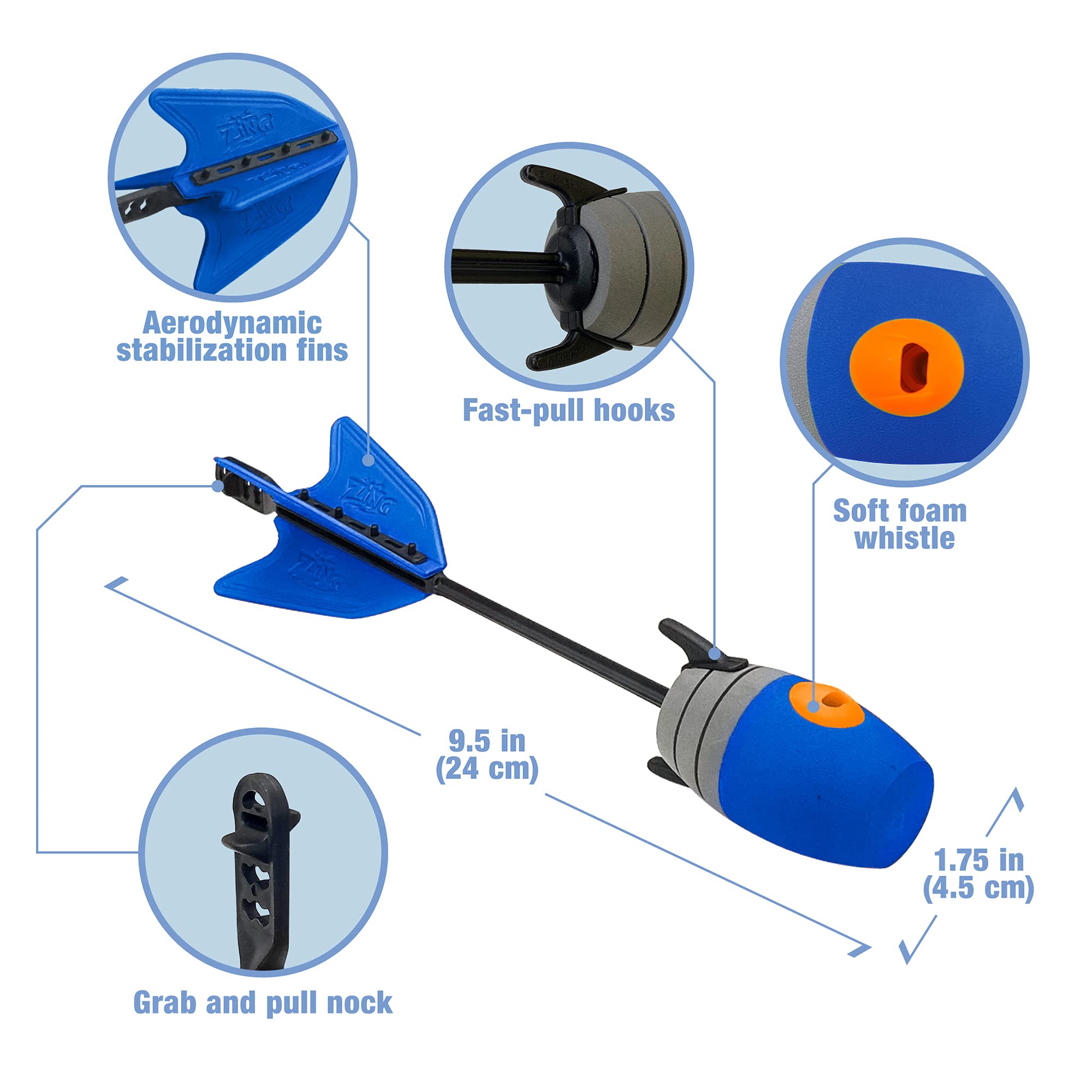 Zing HyperStrike Dominator Bow Pack - 1 Blue Dominator Bow, 4 Blue Zonic Whistle Arrows, 1 Set of Bungee Replacement and 1 Shoulder Strap - Great for Long Range Outdoor Play, for Ages 14 and Up