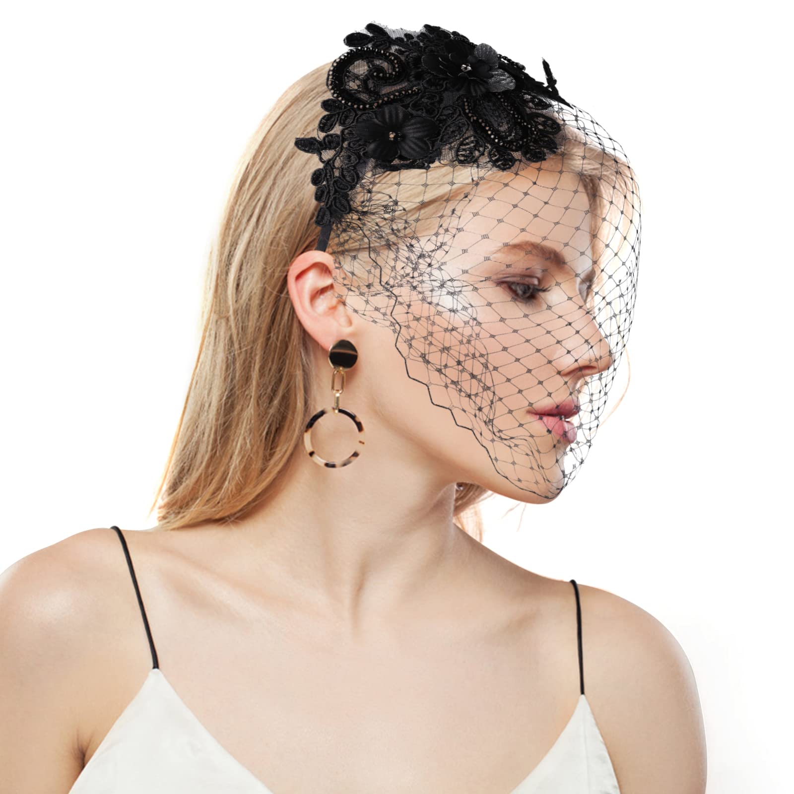 Yolev Bridal Wedding Veil Vintage Fascinator Mesh Lace Headband Tea Party Headwear with Veil Cocktail Tea Party Headwear for Girls and Women (Black)