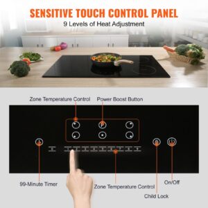 VEVOR Built-in Induction Electric Stove Top 5 Burners,35 Inch Electric Cooktop,9 Power Levels & Sensor Touch Control,Easy to Clean Ceramic Glass Surface,Child Safety Lock,240V