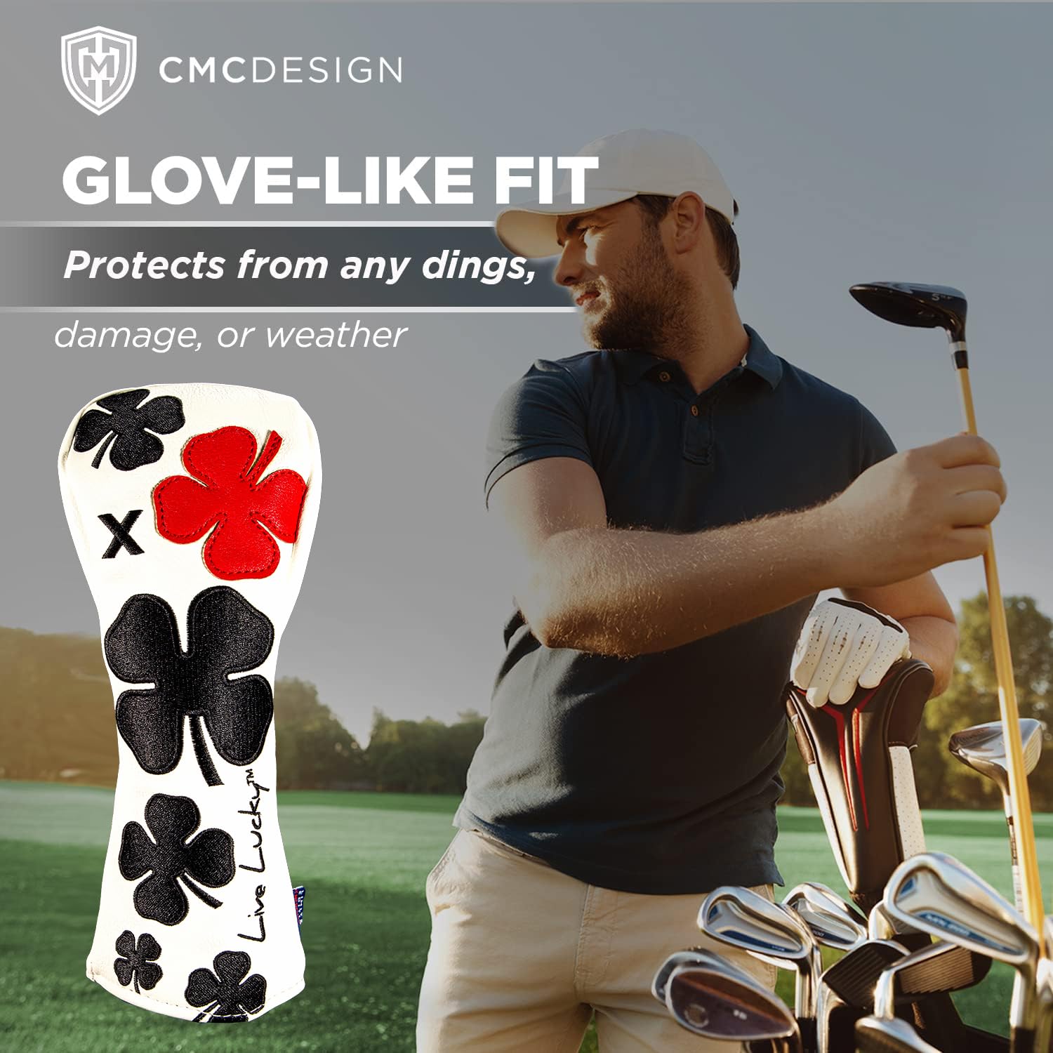 CMC Design Custom Live Lucky Hybrid Embroidered Golf Driver Head Cover - Glove Soft Lining - Design Elements Include Applique and Embossing - Great Fit on Any Club as Golf Head Covers, Wood Cover