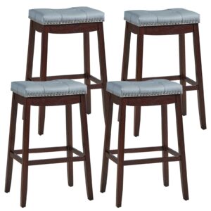 costway bar stools set of 4, 29-inch height backless counter stool with footrest, soft seat cushion, wood legs and non-slip foot pad, saddle stools for home kitchen living room, stone gray+dark brown