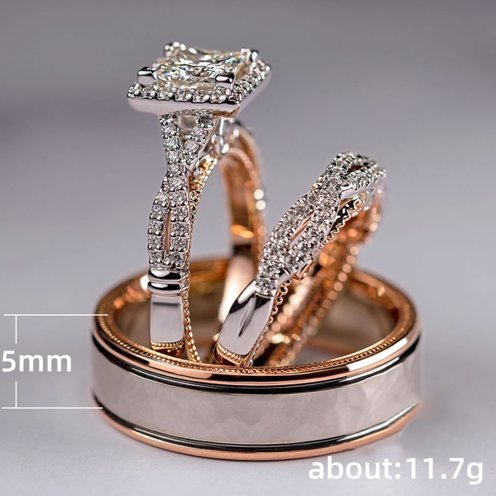 Engagement rings for couples set,3 pc His and Her Wedding Ring Set, Hypoallergenic Rose Gold Ring Set, Cubic Zirconia Bride Promise Rings Set,size 6-10 (8)