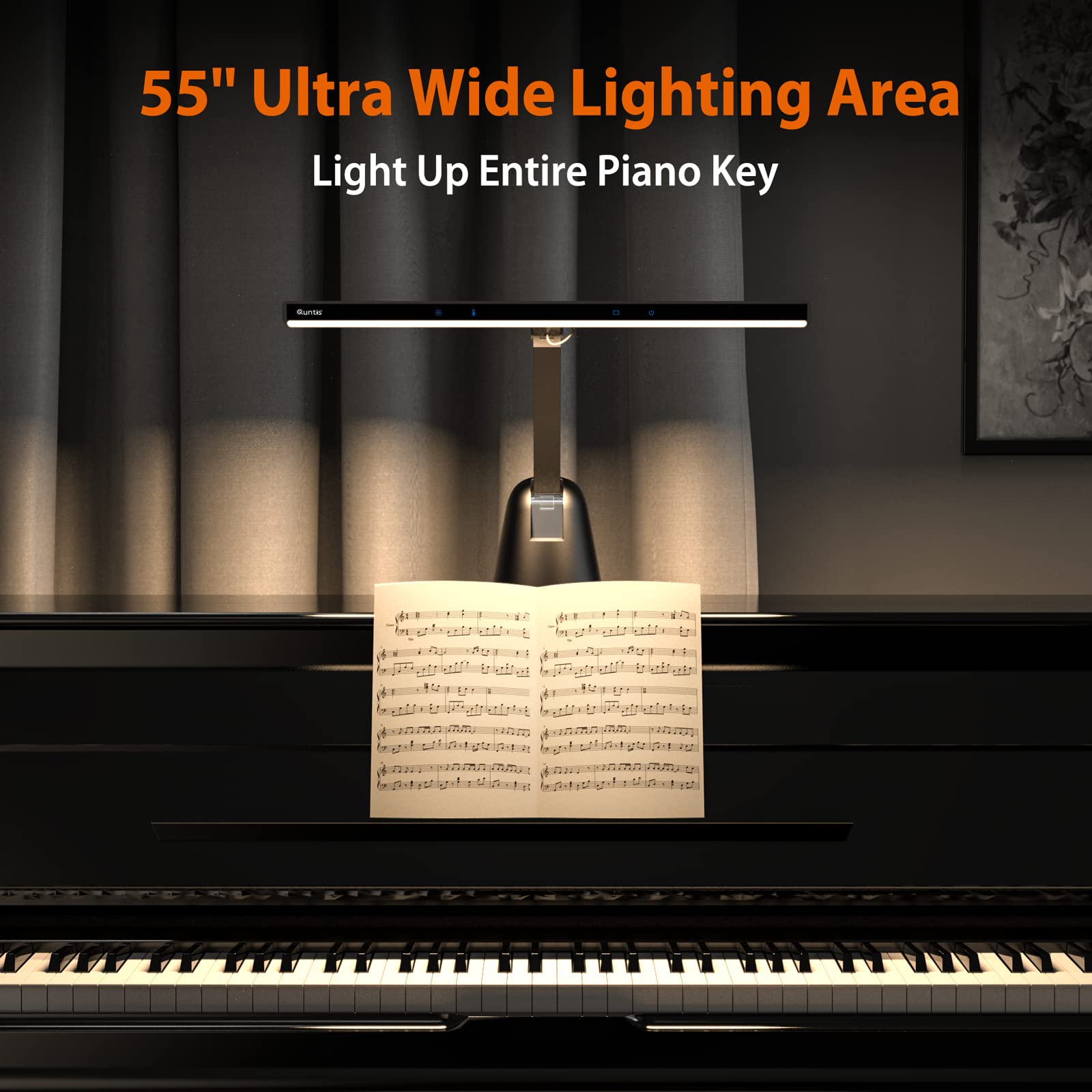 Quntis 55'' Ultra Wide Illumination Piano Light, 12W LED Professional Eye Caring Piano Lamp with Auto-Dimming, Dimmable Modern Reading Lamp, 2H Timer, Music Stand Light for Upright Piano