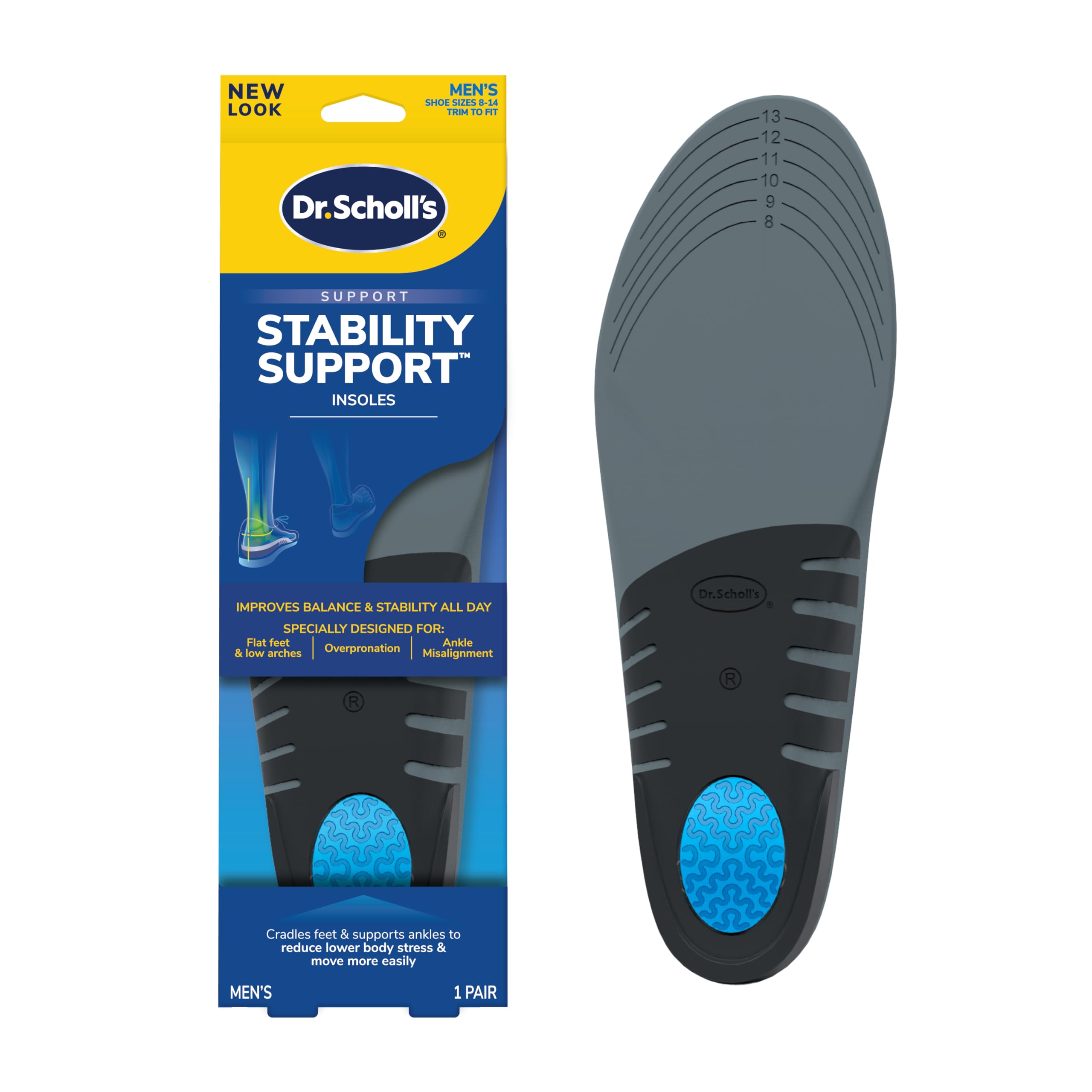 Dr. Scholl's® Stability Support Insoles, Flat Feet & Overpronation Low Arch Support, Improves Balance & Stability, Motion Control, Trim Inserts to Fit Shoes, Men's Size 8-14