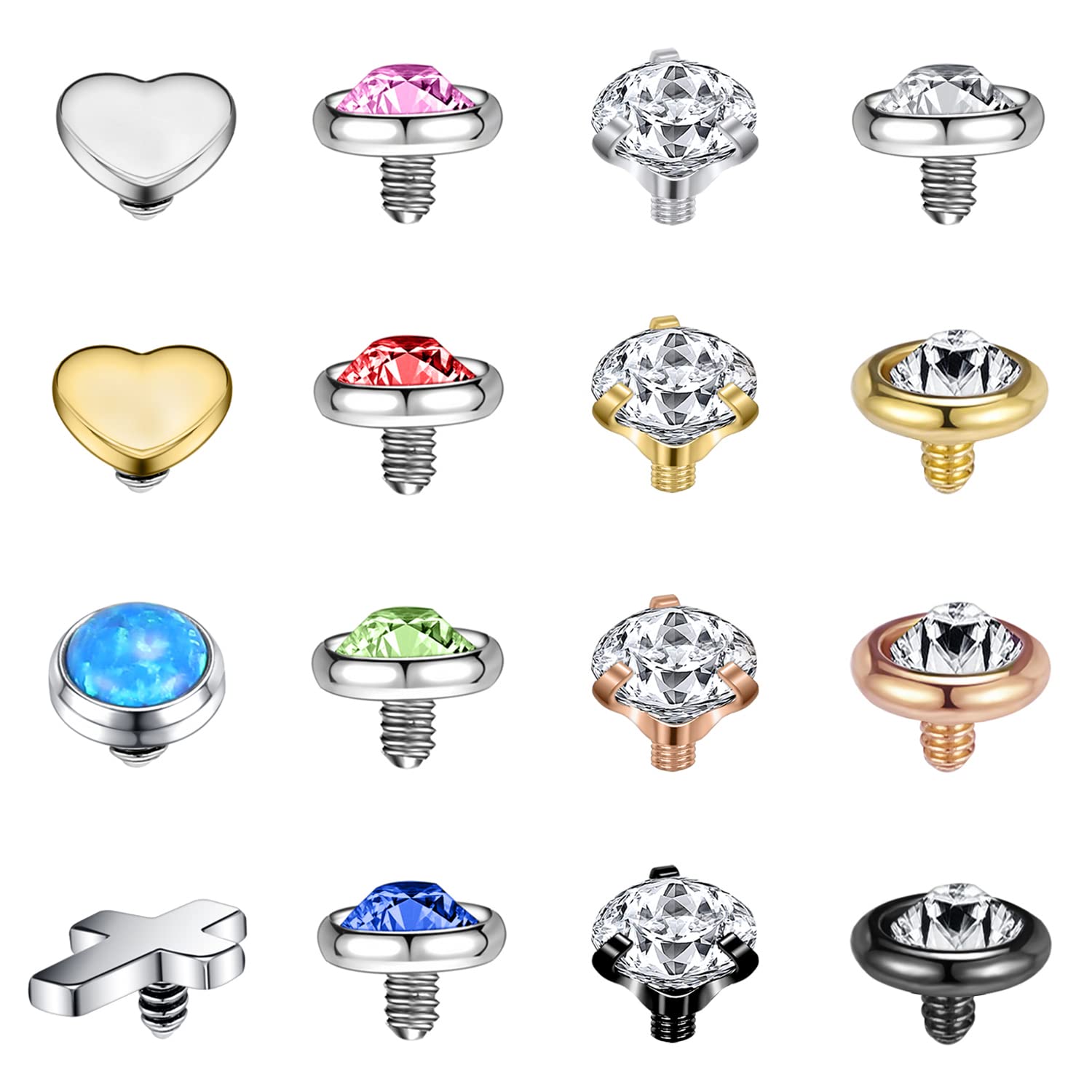 ZS 16G Stainless Steel Dermal Piercing Jewelry Diamond Dermal Anchor Tops CZ Skin Microdermal Piercing Jewelry for Men Women (E:16pcs Tops)