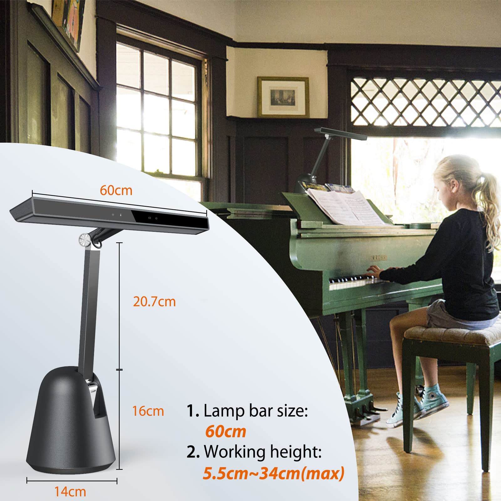 Quntis 55'' Ultra Wide Illumination Piano Light, 12W LED Professional Eye Caring Piano Lamp with Auto-Dimming, Dimmable Modern Reading Lamp, 2H Timer, Music Stand Light for Upright Piano