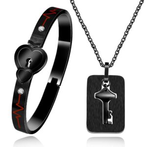 uloveido stainless double heart infinity love lock bangle heartbeat bracelet and shield key pendant necklace couple set for men women y1891-black