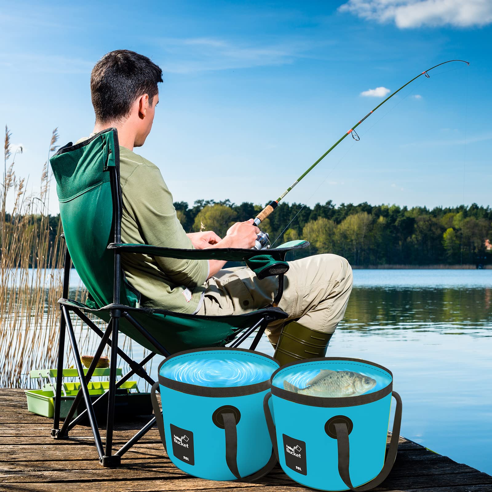 ODDIER 2 Pack portable Collapsible Bucket 5 Gallon, Folding Water storage container with handle, portable wash Basin for fishing car washing camping hiking(20L)-Blue