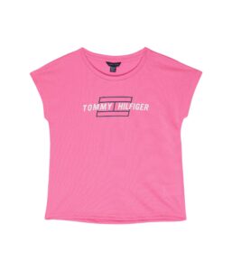 tommy hilfiger girls' sport short sleeve mesh t-shirt, crew neckline, lightweight & stretchy, plum flag mesh, 12-14