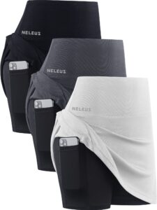 neleus women's 2 in 1 tennis skirts with pockets high waisted athletic running shorts golf skirt,black/grey/white,3 pack,3x-large