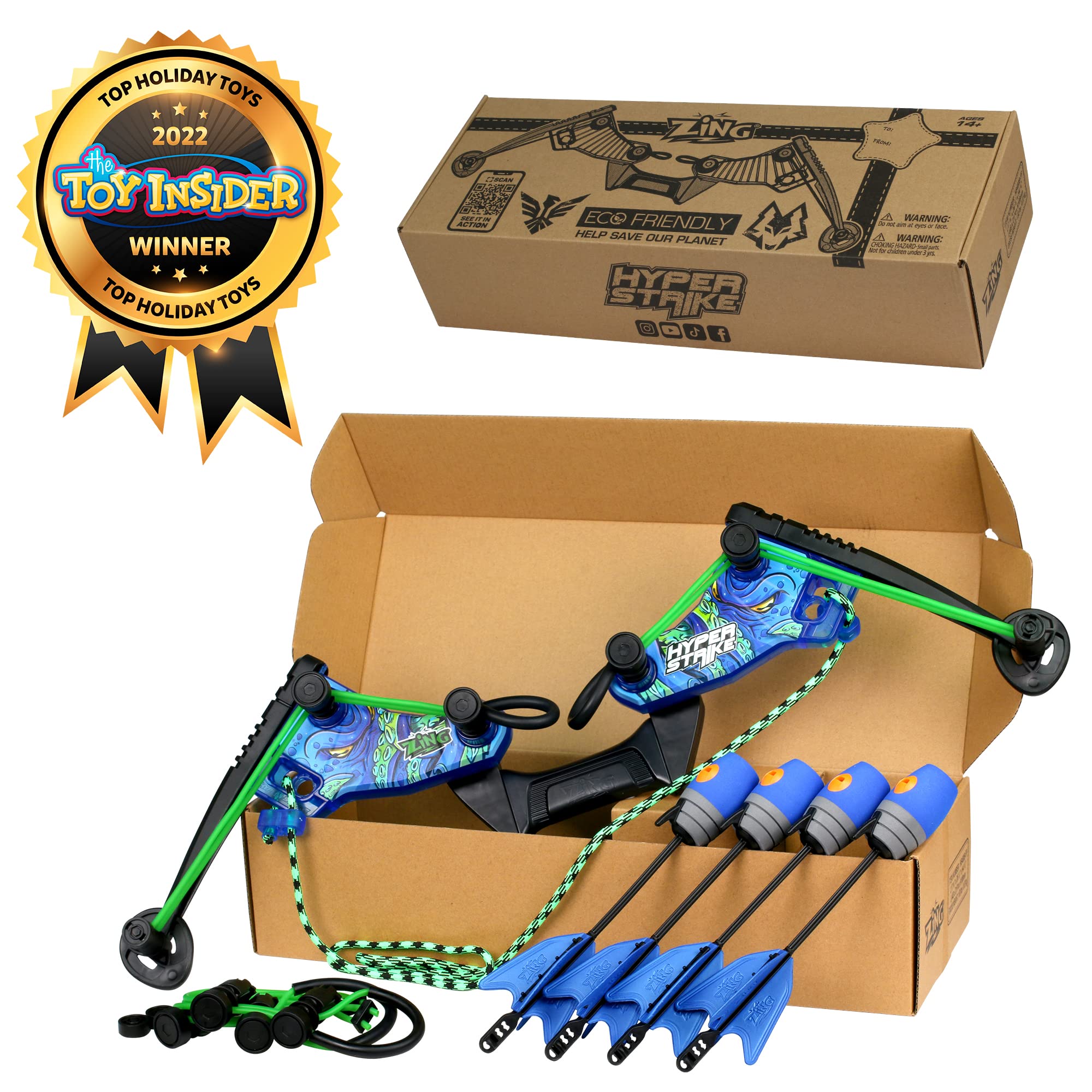 Zing HyperStrike Dominator Bow Pack - 1 Blue Dominator Bow, 4 Blue Zonic Whistle Arrows, 1 Set of Bungee Replacement and 1 Shoulder Strap - Great for Long Range Outdoor Play, for Ages 14 and Up